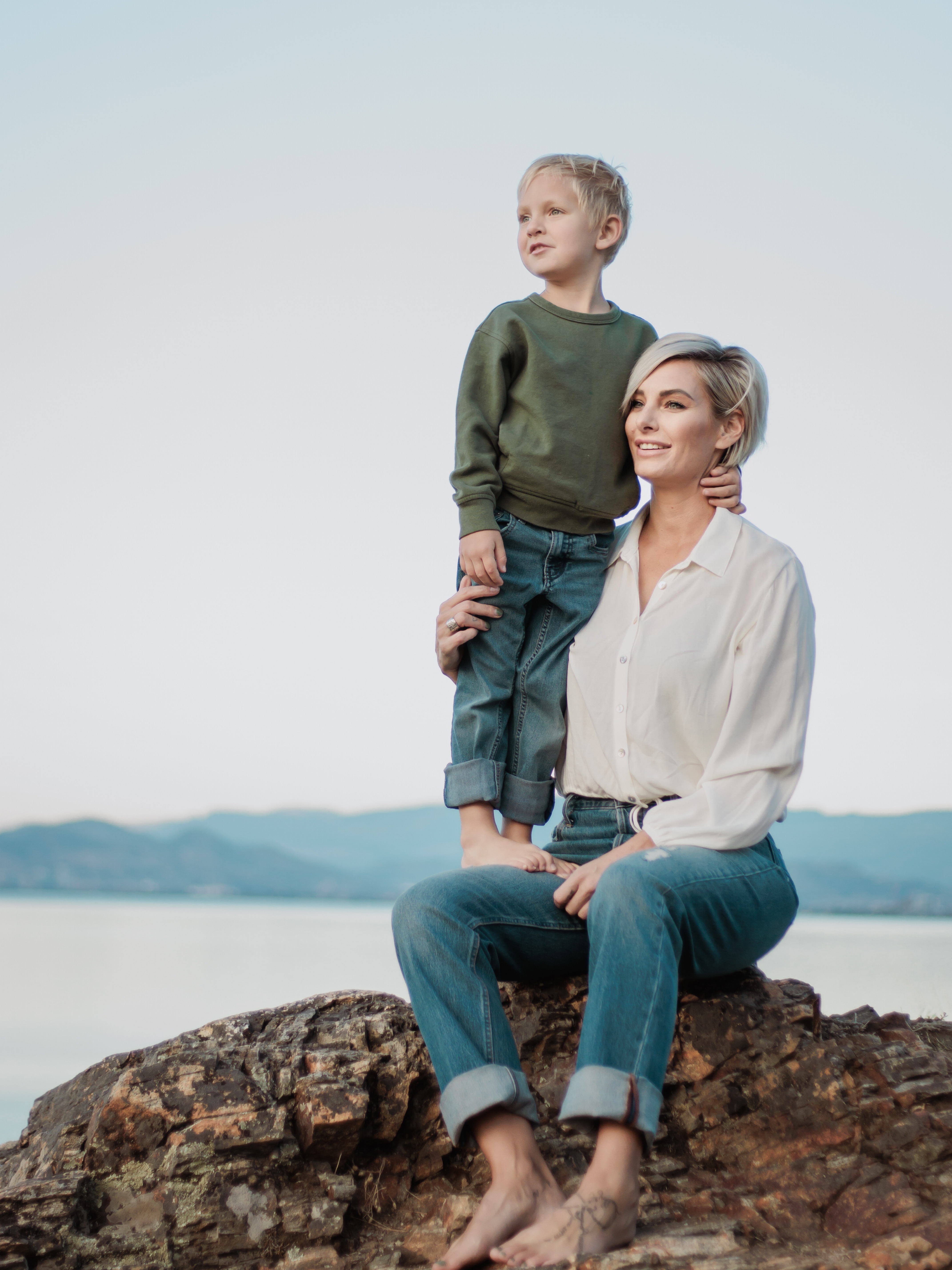 Nicole and her son on the shores of Okanagan Lake